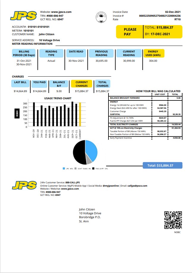 Jamaica Public Service Company Limited (JPS) electricity utility bill template in Word and PDF format